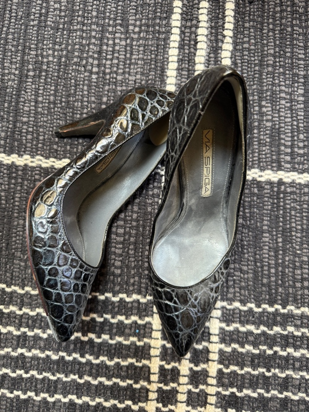 Via Spiga Black Croc-Embossed Pointed Pumps